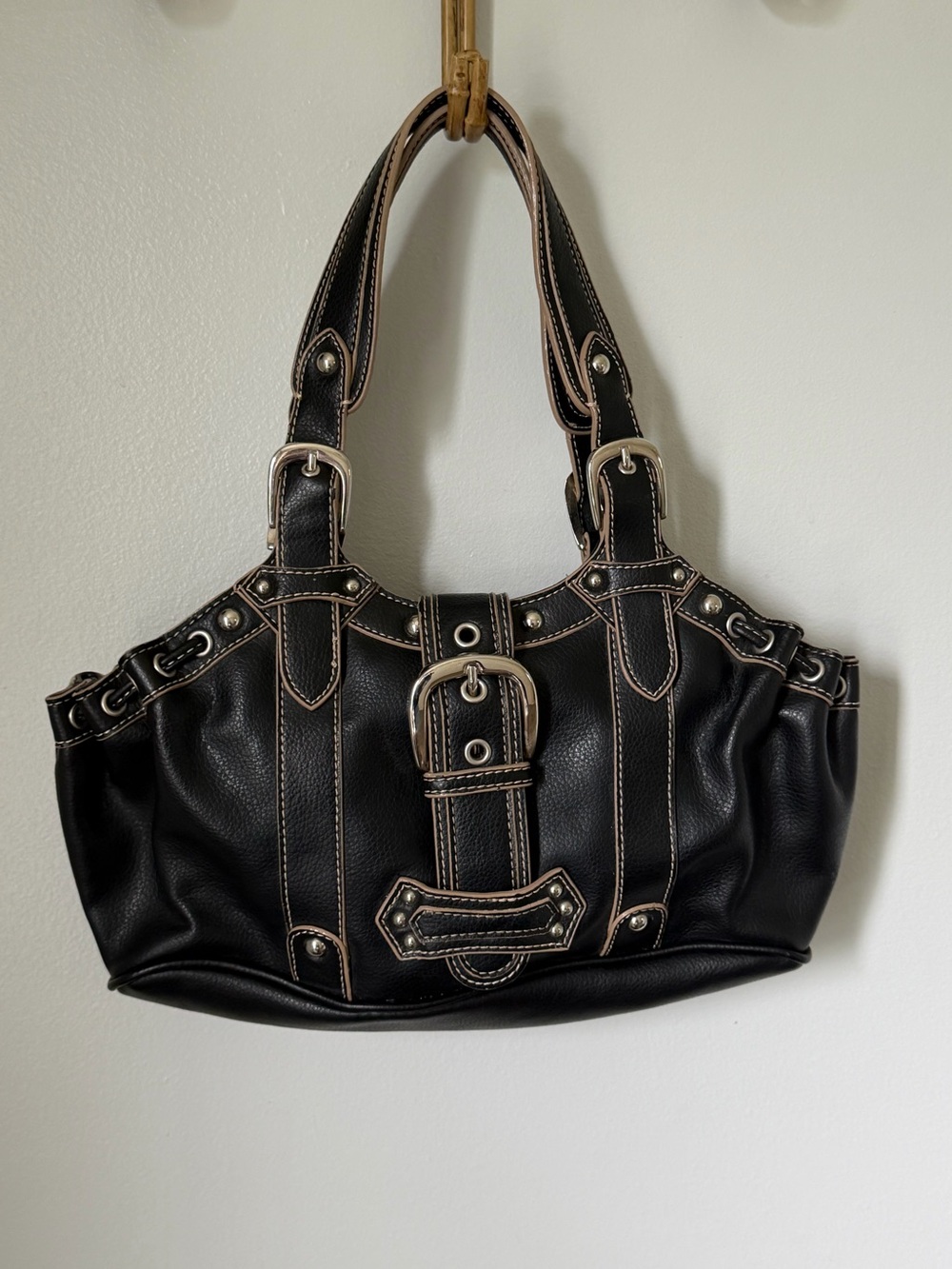 Black Women's Shoulder Bag with Silver Hardware & Contrast Stitching